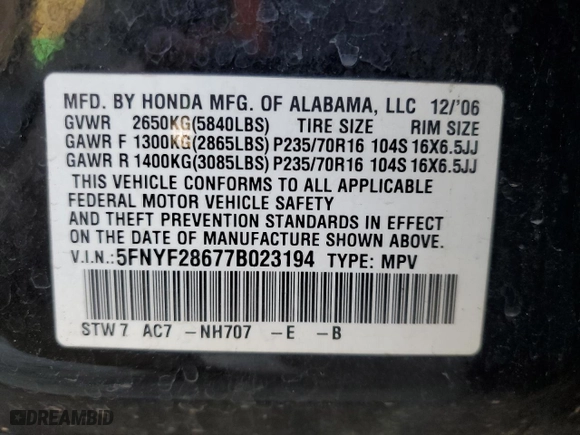 2007 Honda Pilot EX-L with VIN 5FNYF28677B023194, listed as a Copart auction lot 48695415 with 234,437 mi miles and Clean Title. Bid and sale history available at carsss.com. Image 13.