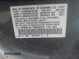 2008 Honda Odyssey EX-L with VIN 5FNRL38778B402015, listed as a IAAI auction lot 42252070 with 349,317 mi miles and . Bid and sale history available at DreamBid. Image 9.