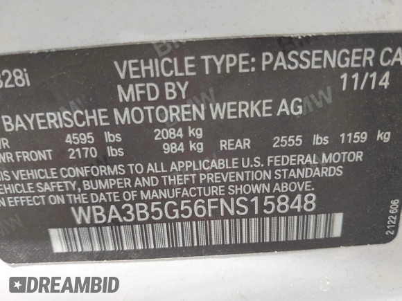 2015 BMW 3 Series 328i xDrive with VIN WBA3B5G56FNS15848, listed as a IAAI auction lot 42537645 with 121,742 mi miles and . Bid and sale history available at DreamBid. Image 9.