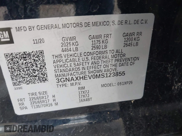 2021 Chevrolet Equinox LS with VIN 3GNAXHEV0MS123855, listed as a IAAI auction lot 42363296 with 32,810 mi miles and . Bid and sale history available at DreamBid. Image 9.