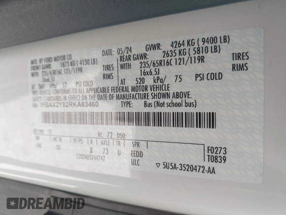 2024 Ford Transit Passenger XL с VIN 1FBAX2Y82RKA83460, выставлен на аукционе IAAI как лот 41840551 с пробегом 19 106 миль миль и . История ставок и продаж доступна на DreamBid. Изображение 9.