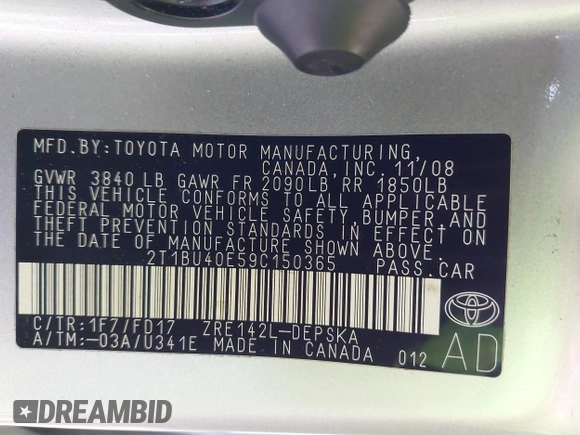 2009 Toyota Corolla with VIN 2T1BU40E59C150365, listed as a IAAI auction lot 42185131 with 179,912 mi miles. Bid and sale history available at carsss.com. Image 9.