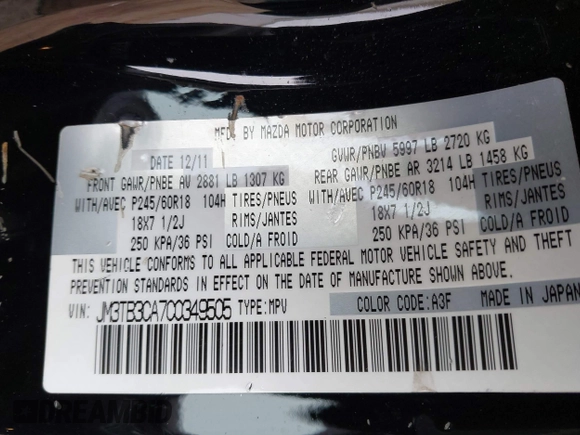 2012 Mazda CX-9 Touring with VIN JM3TB3CA7C0349505, listed as a IAAI auction lot 41971472 with 219,716 mi miles and . Bid and sale history available at DreamBid. Image 9.