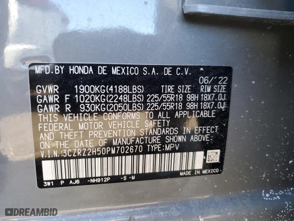 2023 Honda HR-V Sport with VIN 3CZRZ2H50PM702670, listed as a Copart auction lot 42171615 with 30,084 mi miles and Salvage Title. Bid and sale history available at carsss.com. Image 13.
