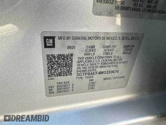 2021 GMC Sierra 1500 with VIN 3GTP8AEF4MG110674, listed as a Copart auction lot 81534724 with 57,979 mi miles and Clean Title. Bid and sale history available at DreamBid. Image 10.