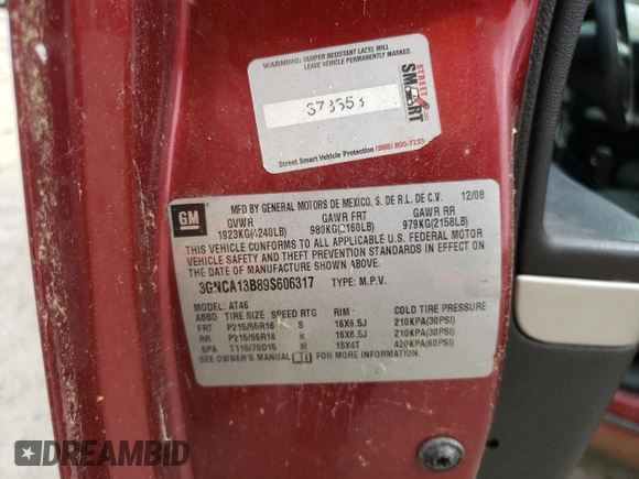 2009 Chevrolet HHR LS with VIN 3GNCA13B89S606317, listed as a Copart auction lot 54108215 with Not Provided miles and Clean Title. Bid and sale history available at DreamBid. Image 12.