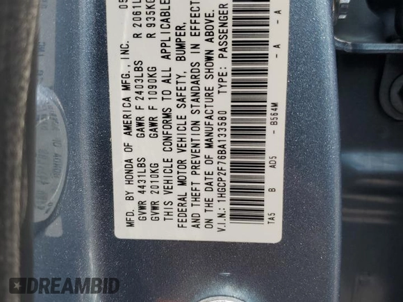 2011 Honda Accord EX z VIN 1HGCP2F76BA133580, wystawiony jako Copart lot #59005675 z przebiegiem 45 046 mil mil oraz Szkoda całkowita • Salvage title. Historia ofert i sprzedaży dostępna na DreamBid. Obrazek 12.