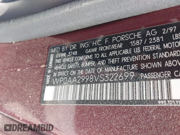 1997 Porsche 911 with VIN WP0AA2998VS322699, listed as a IAAI auction lot 41892833 with 117,174 mi miles and . Bid and sale history available at DreamBid. Image 9.