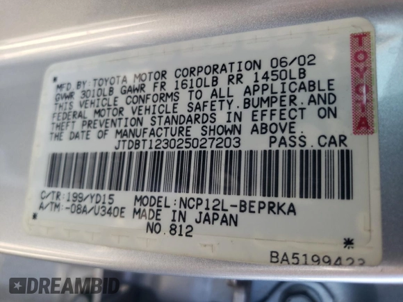 2002 Toyota ECHO with VIN JTDBT123025027203, listed as a Copart auction lot 70723424 with 187,299 mi miles and Salvage Title. Bid and sale history available at DreamBid. Image 12.