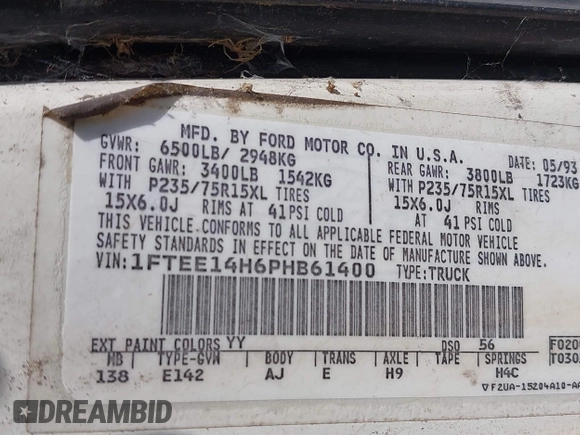 1993 Ford Econoline Cargo with VIN 1FTEE14H6PHB61400, listed as a IAAI auction lot 41889312 with 270,464 mi miles and . Bid and sale history available at DreamBid. Image 9.