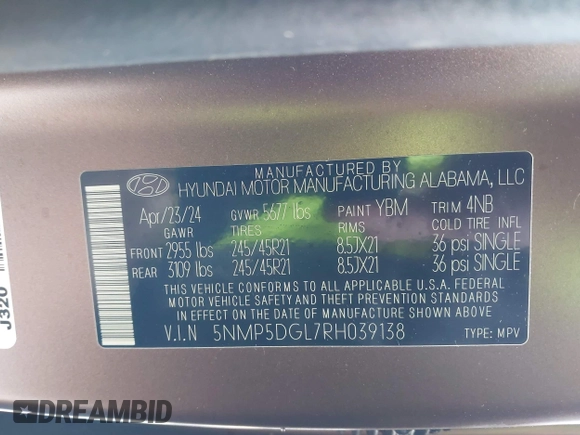 2024 Hyundai Santa Fe Calligraphy with VIN 5NMP5DGL7RH039138, listed as a IAAI auction lot 41940615 with 2,605 mi miles and . Bid and sale history available at DreamBid. Image 9.