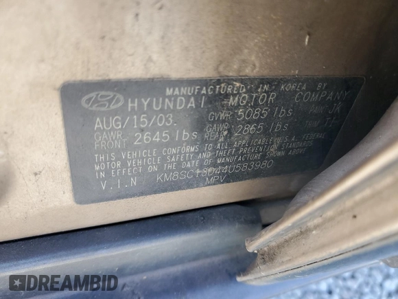 2004 Hyundai Santa Fe GLS with VIN KM8SC13D44U583980, listed as a Copart auction lot 80384034 with Not Provided miles and Salvage Title. Bid and sale history available at carsss.com. Image 14.