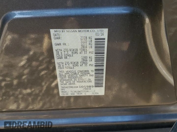 2016 Nissan Murano Platinum z VIN 5N1AZ2MG1GN105989, wystawiony jako Copart lot #41381235 z przebiegiem 92 150 mil mil oraz Szkoda całkowita • Salvage title. Historia ofert i sprzedaży dostępna na DreamBid. Obrazek 15.