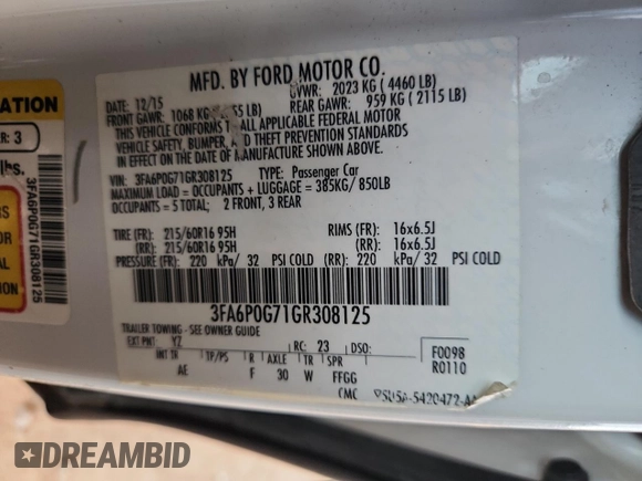 2016 Ford Fusion S with VIN 3FA6P0G71GR308125, listed as a Copart auction lot 60743245 with 123,487 mi miles and Salvage title. Bid and sale history available at DreamBid. Image 12.