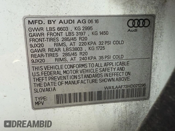 2017 Audi Q7 Premium Plus with VIN WA1LAAF73HD021296, listed as a Copart auction lot 55881465 with 140,164 mi miles and Clean Title. Bid and sale history available at DreamBid. Image 10.