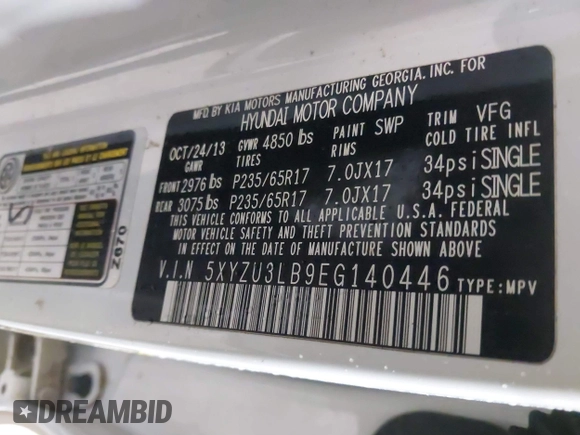 2014 Hyundai Santa Fe Sport with VIN 5XYZU3LB9EG140446, listed as a IAAI auction lot 41527693 with 129,610 mi miles. Bid and sale history available at carsss.com. Image 9.