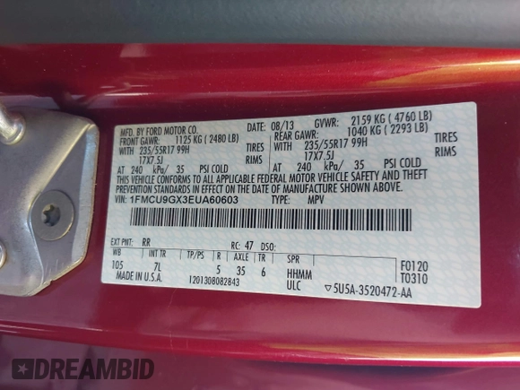 2014 Ford Escape SE с VIN 1FMCU9GX3EUA60603, выставлен на аукционе IAAI как лот 42706030 с пробегом 37 927 миль миль и . История ставок и продаж доступна на DreamBid. Изображение 9.