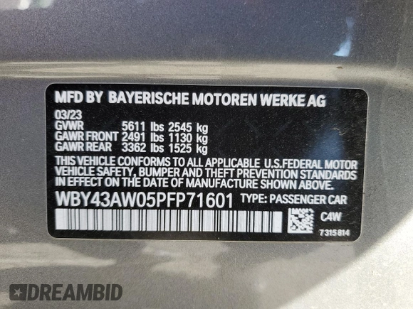 2023 BMW i4 eDrive35 with VIN WBY43AW05PFP71601, listed as a Copart auction lot 46821924 with 5,077 mi miles. Bid and sale history available at carsss.com. Image 13.