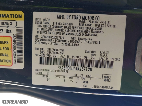 2018 Ford Fusion Hybrid SE with VIN 3FA6P0LU5JR257120, listed as a IAAI auction lot 41859050 with 142,524 mi miles. Bid and sale history available at carsss.com. Image 9.