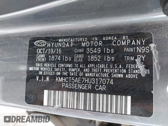 2017 Hyundai Accent SE with VIN KMHCT5AE7HU317074, listed as a IAAI auction lot 42194398 with 98,294 mi miles and . Bid and sale history available at DreamBid. Image 9.