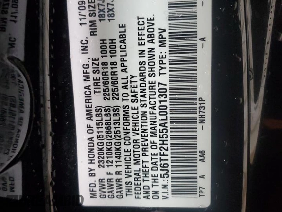 2010 Honda Accord Crosstour EX-L with VIN 5J6TF2H55AL001307, listed as a Copart auction lot 52631575 with 192,977 mi miles and Salvage Title. Bid and sale history available at carsss.com. Image 16.