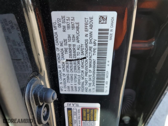 2022 Honda CR-V EX with VIN 2HKRW2H56NH664847, listed as a Copart auction lot 50304685 with 33,728 mi miles and Salvage Title. Bid and sale history available at carsss.com. Image 14.