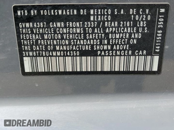 2021 Volkswagen Jetta GLI S with VIN 3VW6T7BU4MM014350, listed as a Copart auction lot 50864375 with 70,733 mi miles and Salvage Title. Bid and sale history available at DreamBid. Image 12.
