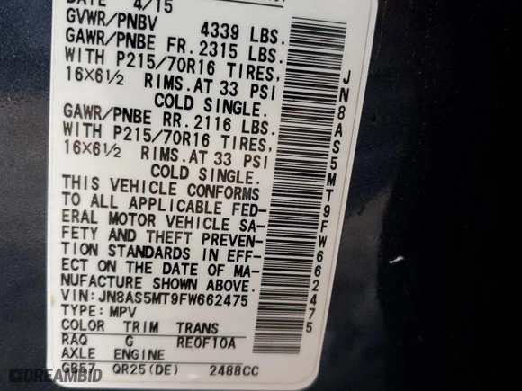 2015 Nissan Rogue Select S with VIN JN8AS5MT9FW662475, listed as a Copart auction lot 83442044 with 117,556 mi miles and Salvage Title. Bid and sale history available at carsss.com. Image 14.