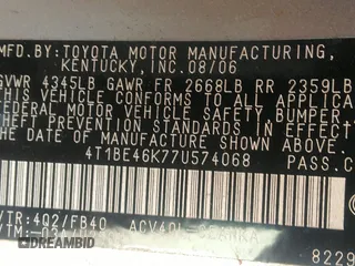 2007 Toyota Camry CE with VIN 4T1BE46K77U574068, listed as a IAAI auction lot 41934219 with 287,702 mi miles. Bid and sale history available at carsss.com. Image 9.