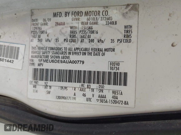 2010 Ford Explorer XLT with VIN 1FMEU6DE9AUA00779, listed as a IAAI auction lot 42341409 with 146,967 mi miles and . Bid and sale history available at DreamBid. Image 9.