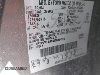 2004 Ford F-150 XLT with VIN 1FTPW145X4KB60082, listed as a IAAI auction lot 41768556 with 256,533 mi miles. Bid and sale history available at carsss.com. Image 9.