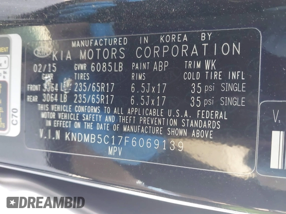 2015 Kia Sedona LX with VIN KNDMB5C17F6069139, listed as a IAAI auction lot 42064125 with 226,244 mi miles and . Bid and sale history available at DreamBid. Image 9.