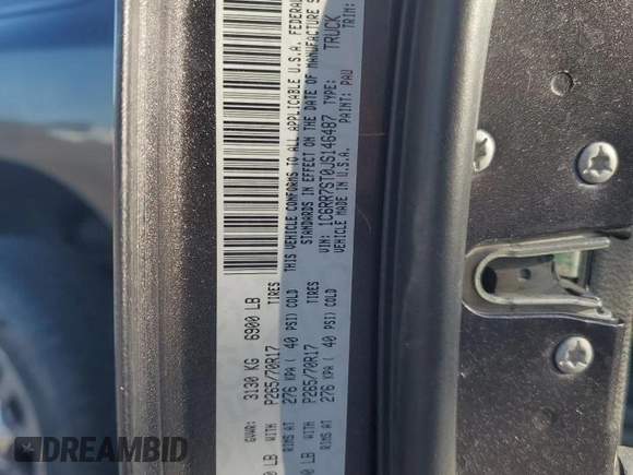 2018 Ram 1500 Tradesman with VIN 1C6RR7ST0JS146487, listed as a Copart auction lot 68226404 with 166,682 mi miles and Salvage title. Bid and sale history available at DreamBid. Image 12.