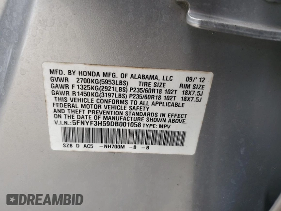 2013 Honda Pilot EX-L with VIN 5FNYF3H59DB001058, listed as a Copart auction lot 62947125 with 157,503 mi miles and Salvage title. Bid and sale history available at DreamBid. Image 13.