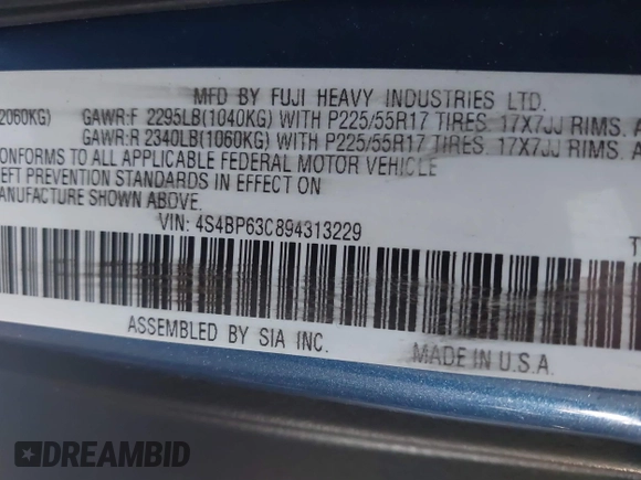2009 Subaru Outback XT Ltd with VIN 4S4BP63C894313229, listed as a IAAI auction lot 40650121 with 88,720 mi miles. Bid and sale history available at carsss.com. Image 9.