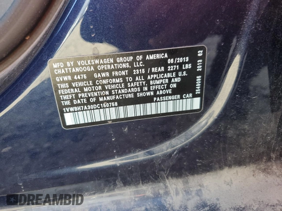 2013 Volkswagen Passat SE with VIN 1VWBH7A30DC150758, listed as a Copart auction lot 82822024 with Not provided miles and Salvage title. Bid and sale history available at DreamBid. Image 14.
