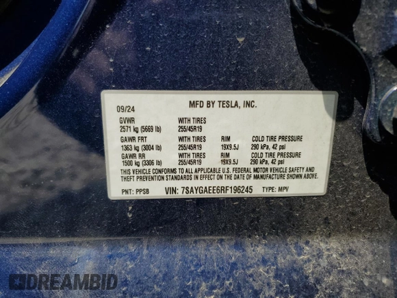 2024 Tesla Model Y Long Range with VIN 7SAYGAEE6RF196245, listed as a Copart auction lot 54667765 with 10,336 mi miles and Salvage title. Bid and sale history available at DreamBid. Image 14.