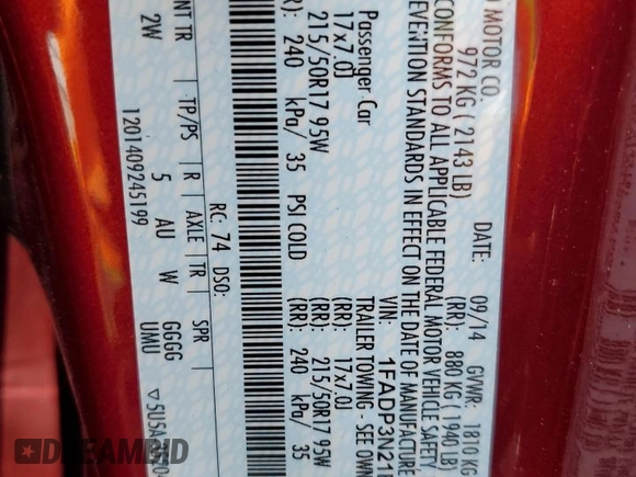 2014 Ford Focus Titanium with VIN 1FADP3N21EL421469, listed as a Copart auction lot 59744685 with 68,436 mi miles and Salvage title. Bid and sale history available at DreamBid. Image 12.