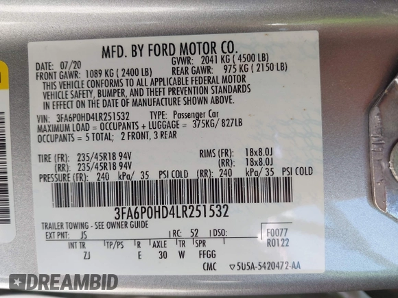 2020 Ford Fusion SE with VIN 3FA6P0HD4LR251532, listed as a IAAI auction lot 42214629 with 53,933 mi miles and . Bid and sale history available at DreamBid. Image 9.