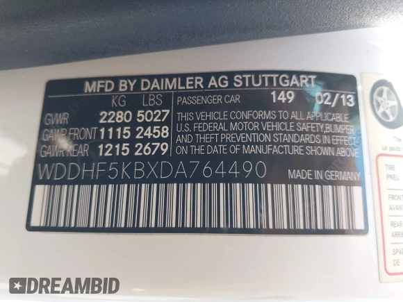 2013 Mercedes-Benz E 350 Luxury with VIN WDDHF5KBXDA764490, listed as a IAAI auction lot 42541763 with 43,428 mi miles and . Bid and sale history available at DreamBid. Image 9.