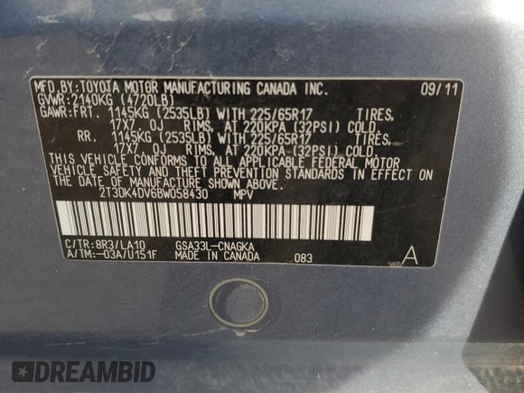 2011 Toyota RAV4 Limited with VIN 2T3DK4DV6BW058430, listed as a Copart auction lot 60070815 with 266,647 mi miles and Clean title. Bid and sale history available at DreamBid. Image 13.