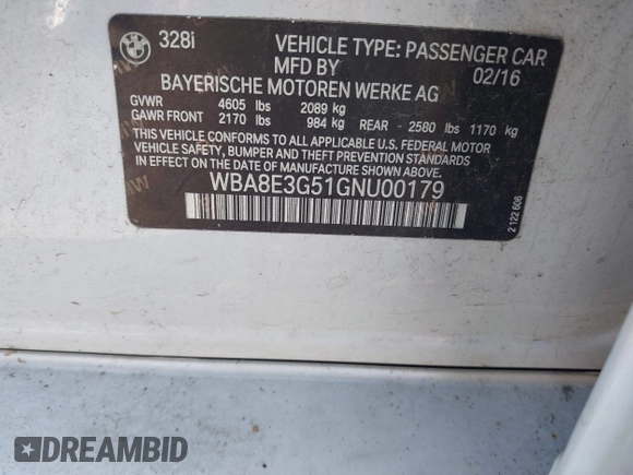 2016 BMW 3 Series 328i xDrive z VIN WBA8E3G51GNU00179, wystawiony jako IAAI lot #42292023 z przebiegiem 106 513 mil mil oraz . Historia ofert i sprzedaży dostępna na DreamBid. Obrazek 9.