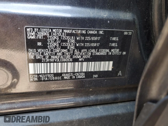 2020 Toyota RAV4 LE with VIN 2T3H1RFV3LC080936, listed as a Copart auction lot 51314725 with 107,192 mi miles and Salvage Title. Bid and sale history available at DreamBid. Image 14.