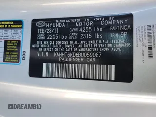 2011 Hyundai Genesis Coupe with VIN KMHHT6KD6BU059087, listed as a Copart auction lot 57665315 with 122,763 mi miles and Salvage title. Bid and sale history available at DreamBid. Image 13.