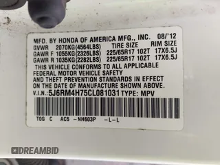 2012 Honda CR-V EX-L with VIN 5J6RM4H75CL081031, listed as a IAAI auction lot 42353331 with 203,769 mi miles and . Bid and sale history available at DreamBid. Image 9.