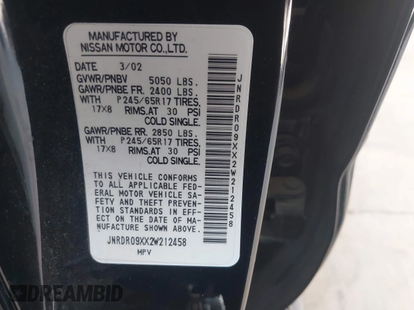 2002 Infiniti QX4 with VIN JNRDR09XX2W212458, listed as a IAAI auction lot 41770184 with 208,441 mi miles and . Bid and sale history available at DreamBid. Image 9.