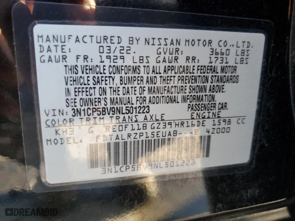 2022 Nissan Kicks S with VIN 3N1CP5BV9NL501223, listed as a Copart auction lot 88530795 with 58,031 mi miles and Salvage Title. Bid and sale history available at carsss.com. Image 15.