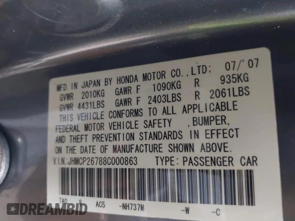 2008 Honda Accord EX with VIN JHMCP26788C000863, listed as a IAAI auction lot 42173616 with 188,904 mi miles and . Bid and sale history available at DreamBid. Image 9.