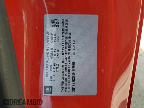 2013 Chevrolet Camaro LT with VIN 2G1FB3D3XD9197970, listed as a Copart auction lot 50360275 with 39,978 mi miles and Salvage title. Bid and sale history available at DreamBid. Image 12.