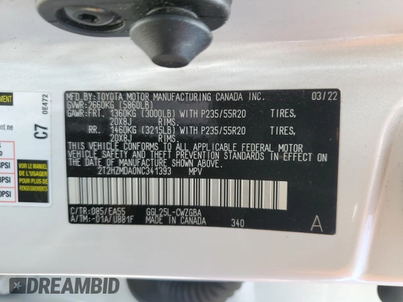2022 Lexus RX 350 with VIN 2T2HZMDA0NC341393, listed as a Copart auction lot 47565305 with 27,724 mi miles and Salvage Title. Bid and sale history available at DreamBid. Image 13.